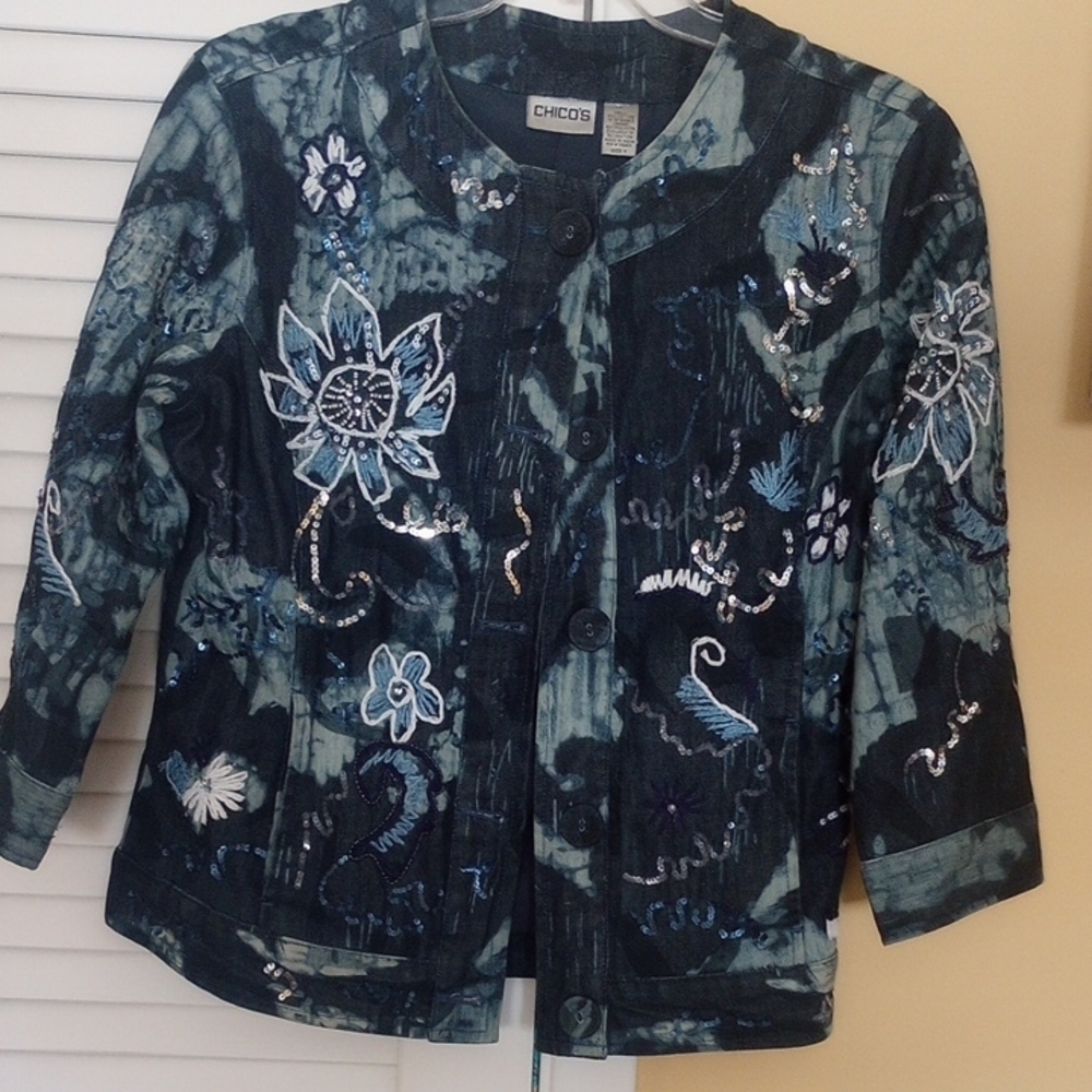 Chico's Blue Embroidered Denim Jacket